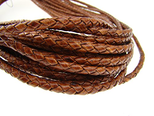 Esnado - Cuerda de piel trenzada redonda (4 mm) Antiguo marrón claro – Longitud: a elegir, piel, Color marrón claro., 5 m