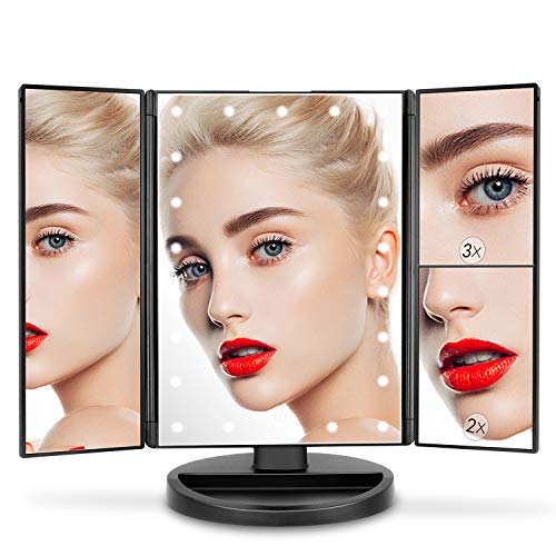 Espejo de Maquillaje con LED, Natural Iluminado Espejo de Mesa Luz con Ampliación 1X / 2X / 3X Plegable Espejo de la Vanidad Rotación 180° Pantalla Táctil Espejo Cosmético para Hombre y Mujer (Negro)