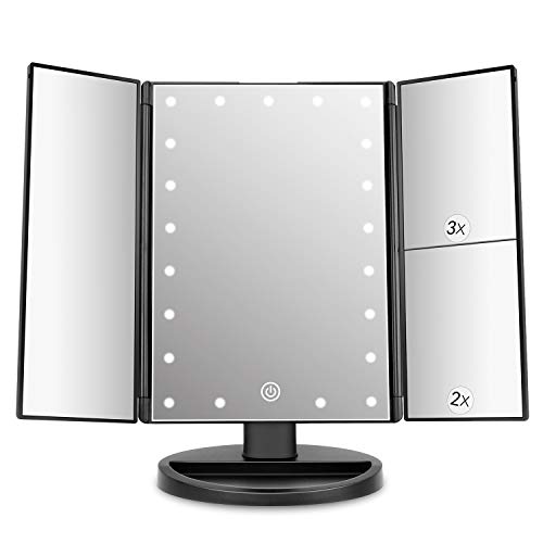 Espejo de Maquillaje con LED, Natural Iluminado Espejo de Mesa Luz con Ampliación 1X / 2X / 3X Plegable Espejo de la Vanidad Rotación 180° Pantalla Táctil Espejo Cosmético para Hombre y Mujer (Negro)