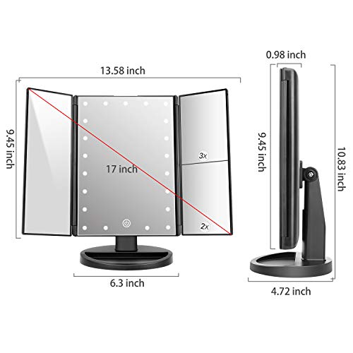 Espejo de Maquillaje con LED, Natural Iluminado Espejo de Mesa Luz con Ampliación 1X / 2X / 3X Plegable Espejo de la Vanidad Rotación 180° Pantalla Táctil Espejo Cosmético para Hombre y Mujer (Negro)