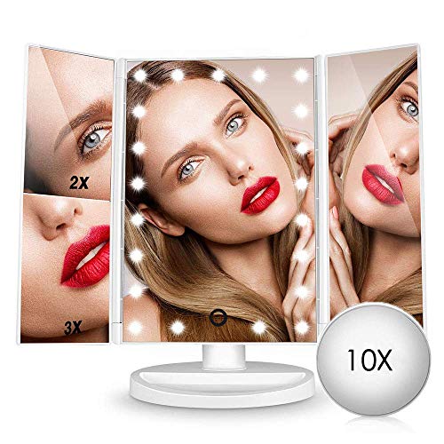 Espejo de Maquillaje Iluminado, 21 Luces LED Espejo Cosmético de Tocador, Pantalla Táctil de Aumento Tri-Fold 2X 3X 10X de Aumento, Rotación Libre de 180 °, Fuente de Alimentación Dual Blanco