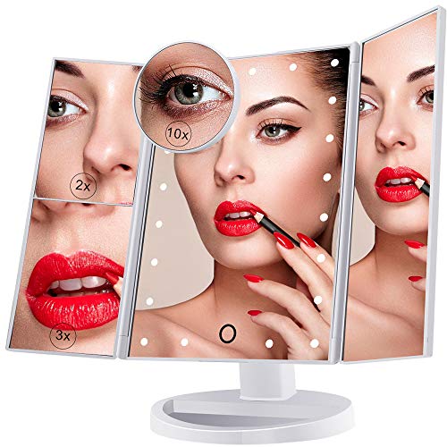 Espejo de Maquillaje Iluminado, 21 Luces LED Espejo Cosmético de Tocador, Pantalla Táctil de Aumento Tri-Fold 2X 3X 10X de Aumento, Rotación Libre de 180 °, Fuente de Alimentación Dual Blanco