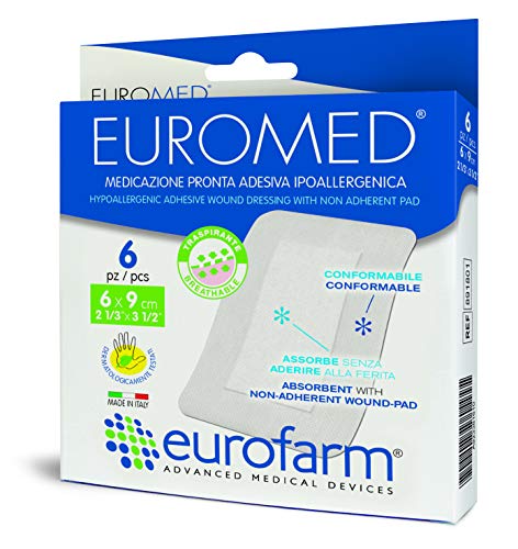 Euromed (cm 6 x cm 9) Apósito Adhesivo en Tejido noTejido, con Compresa No Adherente con Alto Poder de Absorción,Suave y Adaptable. Fabricado en Italia,6 Unidades