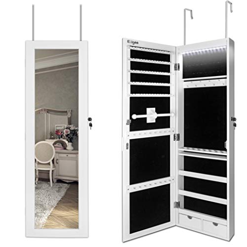 Ezigoo Espejo Joyero con Armario para Joyas, Montura para Puerta Joyero Pared Espejo con Gabinete con Luces LED, 110 x 31.5 x 8.5 cm