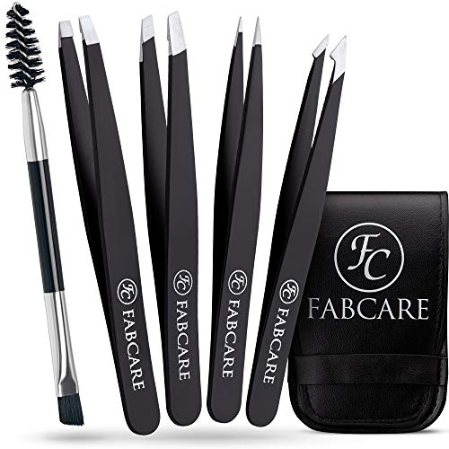 FABCARE Set de pinzas de depilar para las cejas con cepillo (de cinco piezas) - Punta mejorada - Pinzas de depilación para cejas - Pinzas cejas professional