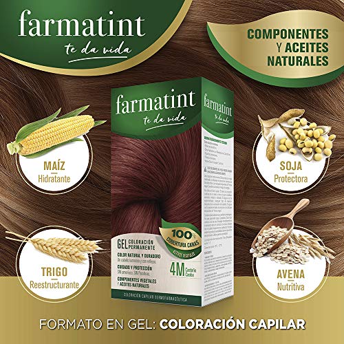 Farmatint Gel 4M Castaño Caoba, Color Natural y Duradero, Componentes Vegetales y Aceites Naturales, Sin Amoníaco, Sin Parabenos, Dermatológicamente Testado