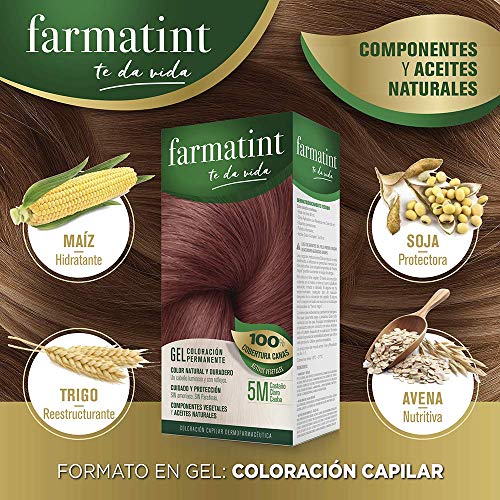 Farmatint Gel 5M Castaño Claro Caoba | Color Natural y Duradero | Componentes Vegetales y Aceites Naturales | sin Amoníaco | sin Parabenos | Dermatológicamente Testado