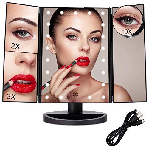 FASCINATE Espejo Maquillaje con Luz, Espejo de Mesa Tríptica Espejo con Aumentos 10x, 3X, 2X, 1x Iluminacíon 21 Led Pantalla táctil Lámparas Rotación de 180° Espejo Cosmético Carga con USB o Batería