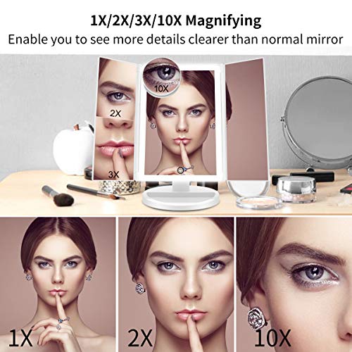 FASCINATE Espejo Maquillaje con Luz,Tríptica Aumentos 10x, 3X, 2X,1x Magnetismo Extraíble Espejo 10 Aumentos Rotación Ajustable de 180° Espejo de Maquillaje 36 Leds Carga con USB o Batería