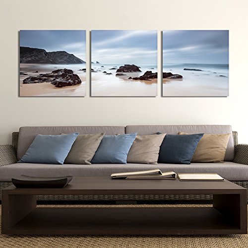 Feeby Frames, Cuadro en Lienzo - 3 Partes - Panorámico, Cuadro impresión, Cuadro decoración, Canvas 210x70 cm, Rocas, Agua, MAR, Paisaje, Vista, Azul, Negro, MARRÓN