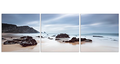 Feeby Frames, Cuadro en Lienzo - 3 Partes - Panorámico, Cuadro impresión, Cuadro decoración, Canvas 210x70 cm, Rocas, Agua, MAR, Paisaje, Vista, Azul, Negro, MARRÓN