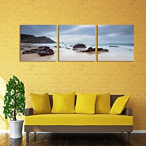 Feeby Frames, Cuadro en Lienzo - 3 Partes - Panorámico, Cuadro impresión, Cuadro decoración, Canvas 210x70 cm, Rocas, Agua, MAR, Paisaje, Vista, Azul, Negro, MARRÓN