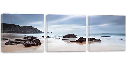 Feeby Frames, Cuadro en Lienzo - 3 Partes - Panorámico, Cuadro impresión, Cuadro decoración, Canvas 210x70 cm, Rocas, Agua, MAR, Paisaje, Vista, Azul, Negro, MARRÓN