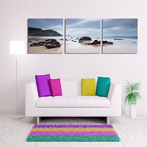 Feeby Frames, Cuadro en Lienzo - 3 Partes - Panorámico, Cuadro impresión, Cuadro decoración, Canvas 210x70 cm, Rocas, Agua, MAR, Paisaje, Vista, Azul, Negro, MARRÓN