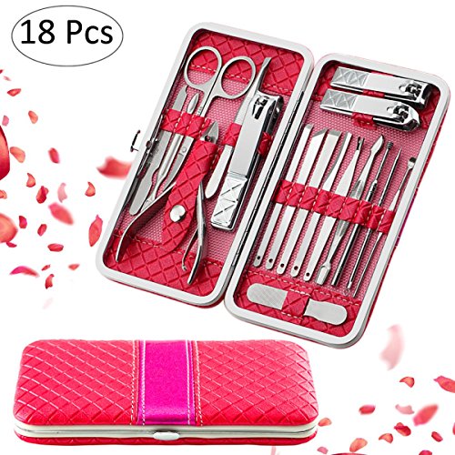 Fixget 18 Set de Manicura Pedicura Kit de uñas deAcero Inoxidable, Tijeras de uñas Profesionales Manicura Kit Incluye Herramientas Remover Cutícula (18Pcs Rojo)