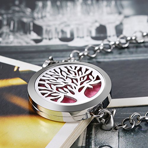 Flongo Pulsera de Acero Inoxidable para Mujer, Locket de Perfume Difusor Aromaterapia, Arbol de la Vida Hueco para Aceite Esencial, Retro Vintage Regalo de cumpleaños