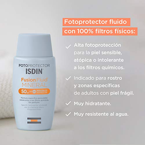 Fotoprotector Isdin Fusion Fluid MINERAL SPF 50 - Protector solar facial 100% mineral para las pieles intolerantes, 50 ml