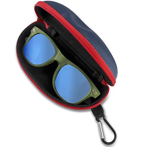 Funda gafas rígida (negro, azul o rojo). Apertura y cierre con cremallera, mosquetón para enganchar.