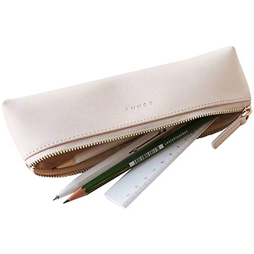 Fyore - Estuche de piel de lujo, diseño delgado con cremallera metálica, tamaño de bolsillo para bolígrafo y brocha de maquillaje, color beige 20*5*4.4cm