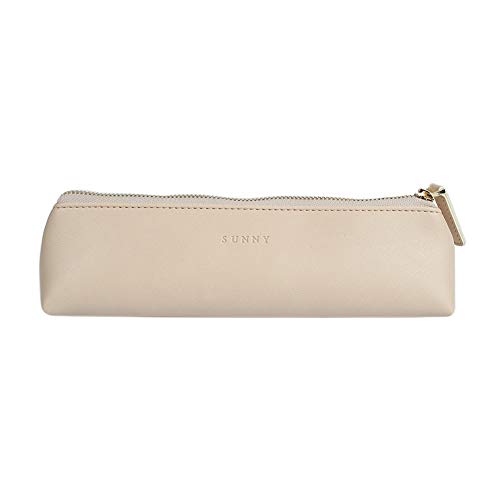 Fyore - Estuche de piel de lujo, diseño delgado con cremallera metálica, tamaño de bolsillo para bolígrafo y brocha de maquillaje, color beige 20*5*4.4cm