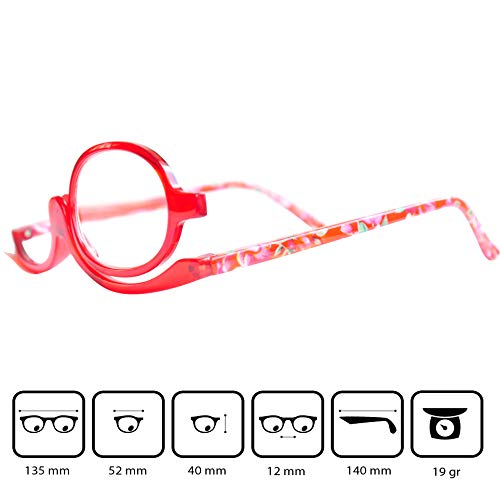 Gafas de Maquillaje, Gafas Para Maquillarse con Lente Abatible,Gafas con Lente que Gira Para Ayudarte con el Maquillaje con Funda Gratuita, Dioptrías +3.0 (Rojo)