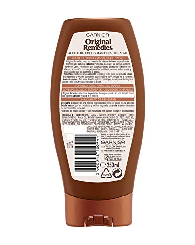 Garnier Original Remedies Champú Disciplinante con Aceite de Coco y Manteca de Cacao, para Pelo Rebelde y Difícil de Alisar - 250 ml