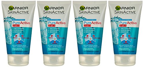 Garnier - Pure Activo - máscara de limpieza exfoliante - 3 en 1 Limpiadora Exfoliante Máscara Conjunto de 4