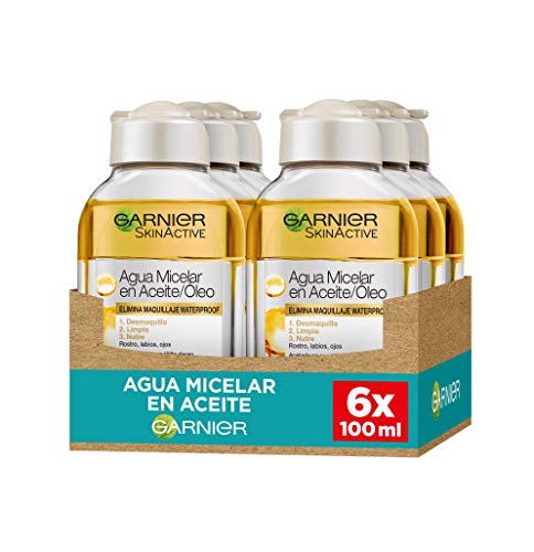 Garnier Skin Active - Agua Micelar en Aceite, Elimina el Maquillaje Waterpoof, Formato Viaje, Pack de 6 x 100 ml (Total 600 ml)