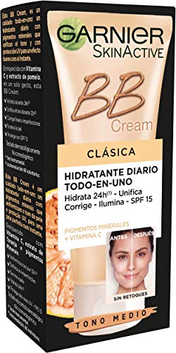 Garnier Skin Active - BB Cream Clásica, Crema Hidratante Todo en 1 para Pieles Normales, SPF15 con Vitamina C, Tono Medio, 50 ml