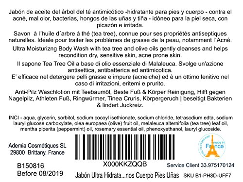 Gel desinfectante antibacteriano Jabón Ultra Hidratante Terapéutico con Aceite de Árbol de Té Purificante Anti hongos Anti Acné 500 ml - Gel de Baño - Gel de Ducha