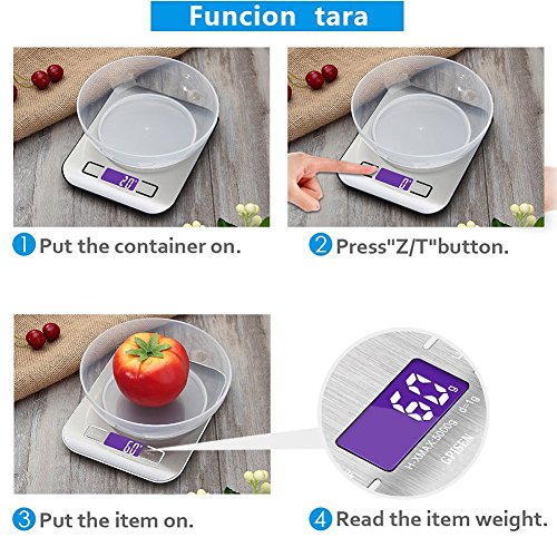 GPISEN Smart Digital Báscula con Pantalla LCD para Cocina de Acero Inoxidable, 5kg/11lbs, Balanza de Alimentos Multifuncional,Color Plata,(2 Baterías Incluidas)