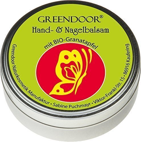 Greendoor Bálsamo de mano/Crema ideal para muy piel seca con BIO Granada, Cosmética natural sin conservantes, Hand Aceite Mineral y Parabenos, 4 x Productividad frente a una crema, uñas