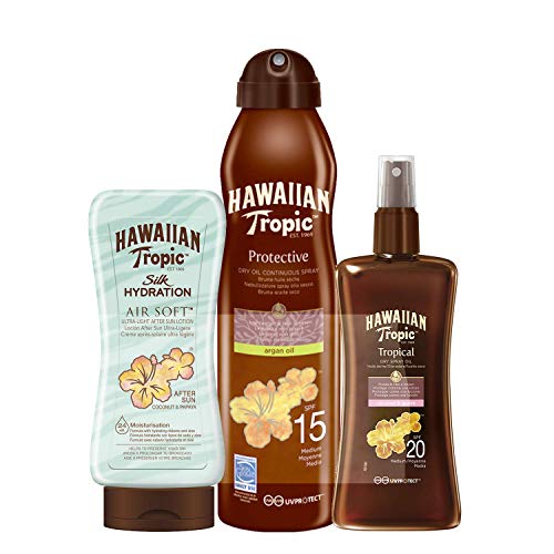 Hawaiian Tropic - Kit de Aceleración del Bronceado - Incluye Spray de Aceite Protector Solar SPF 20 + Bruma de Aceite Argan SPF 15 + After Sun Silk Hydration