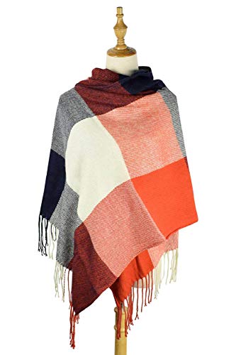 heekpek Mujeres caliente Mantas Cozy Pashmina bufanda larga tartán enrejado mantón (Rojo+Azul)