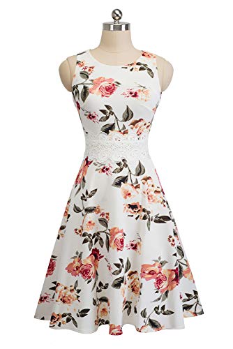 Homeyee UKA079 - Vestido de cóctel para mujer - Corto por la rodilla con bordado floral sin mangas y con cuello redondo Blanc + Floral M