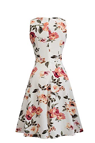 Homeyee UKA079 - Vestido de cóctel para mujer - Corto por la rodilla con bordado floral sin mangas y con cuello redondo Blanc + Floral M