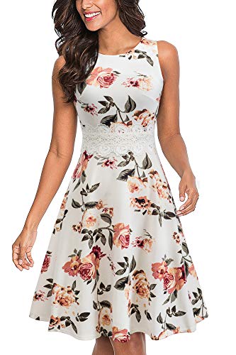 Homeyee UKA079 - Vestido de cóctel para mujer - Corto por la rodilla con bordado floral sin mangas y con cuello redondo Blanc + Floral M