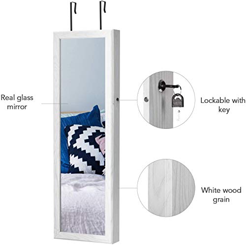 HOUSE DAY Armario para Joyas de 6 Leds Organizador de Joyería con Cerradura con Espejo para Colgar en Pared (Blanco)