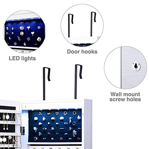 HOUSE DAY Armario para Joyas de 6 Leds Organizador de Joyería con Cerradura con Espejo para Colgar en Pared (Blanco)