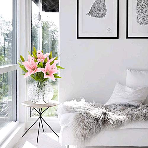 HUAESIN 5pcs Ramo de Flores Artificiales Decoracion Jarrones Flor Artificial Lirio Rosadas de Seda para Otoño Decoraion del Balcon Fiesta Cocina Baño Mesa Boda Bautizo Cememorias Hogar Terraza