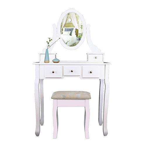 Iglobalbuy Tocador, Escritorio de Maquillaje con Taburete, Mesa de cosmética Blanca con Espejo para el Dormitorio