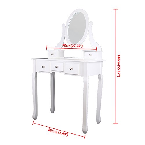 Iglobalbuy Tocador, Escritorio de Maquillaje con Taburete, Mesa de cosmética Blanca con Espejo para el Dormitorio