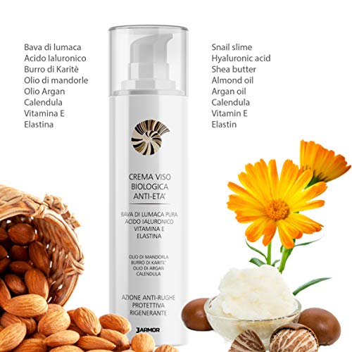 J.ARMOR Crema de Baba de Caracol - Cara Cuello y Escote - Ácido Hialurónico, Argán, Karitè, Vitamina C - Antiedad, Hidratante, Reduce las Arrugas, Marcas de Acné, Manchas de la Piel - Orgánico - 50 ml