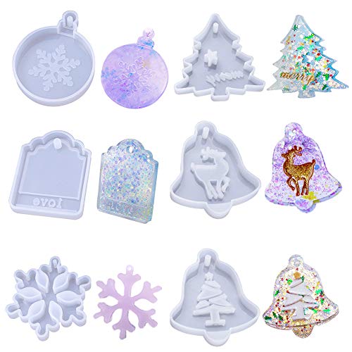 JEMESI 6Pack Moldes Resina DIY Silicona Epoxi Moldes Resina para Copo de Nieve/Copos de Nieve Circular/árbol de Navidad, Alce, Moldes Montaje de Love