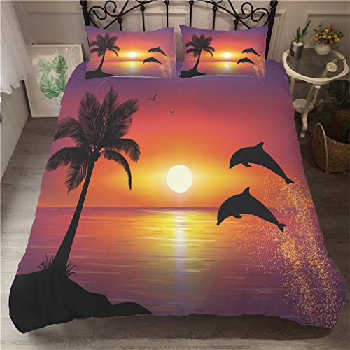 Juego de cama Delfín Modelo 3D Oceano Azul Cielo Arco Iris Amanecer Nubes Paisaje Funda nórdica y Funda de almohada, Ropa de Cama Niños Niño Niña Funda de edredón (A,150x200 cm - Cama 90 cm)