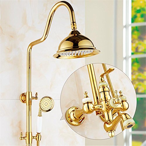 Juego de ducha de oro Cristal de latón expuesto bañera Grifería de la ducha Doble manija de lluvia cabezal de ducha redondo baño de pared de montaje , 2