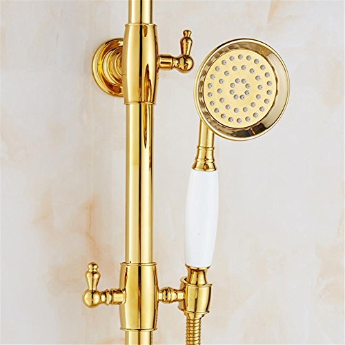 Juego de ducha de oro Cristal de latón expuesto bañera Grifería de la ducha Doble manija de lluvia cabezal de ducha redondo baño de pared de montaje , 2