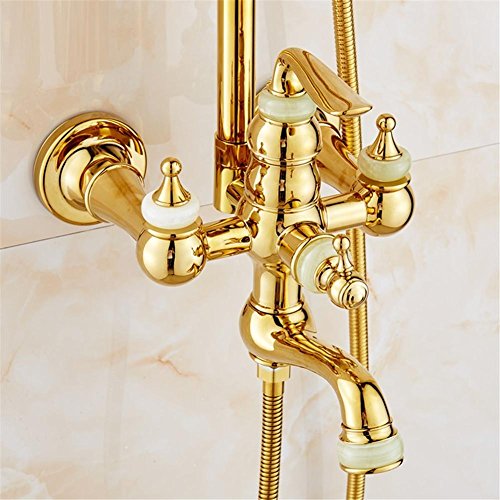 Juego de ducha de oro Cristal de latón expuesto bañera Grifería de la ducha Doble manija de lluvia cabezal de ducha redondo baño de pared de montaje , 2