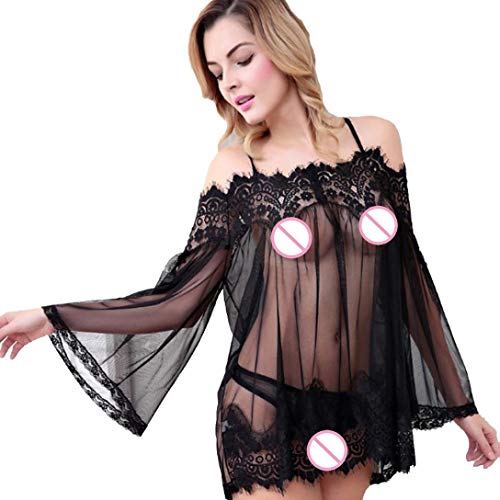 KIMODO Conjunto Sexy Transparente Lingerie Ropa Interior de Mujer Ropa de Dormir Babydoll Ropa Interior Vestido de Encaje Ropa de Dormir + Tanga