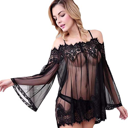 KIMODO Conjunto Sexy Transparente Lingerie Ropa Interior de Mujer Ropa de Dormir Babydoll Ropa Interior Vestido de Encaje Ropa de Dormir + Tanga